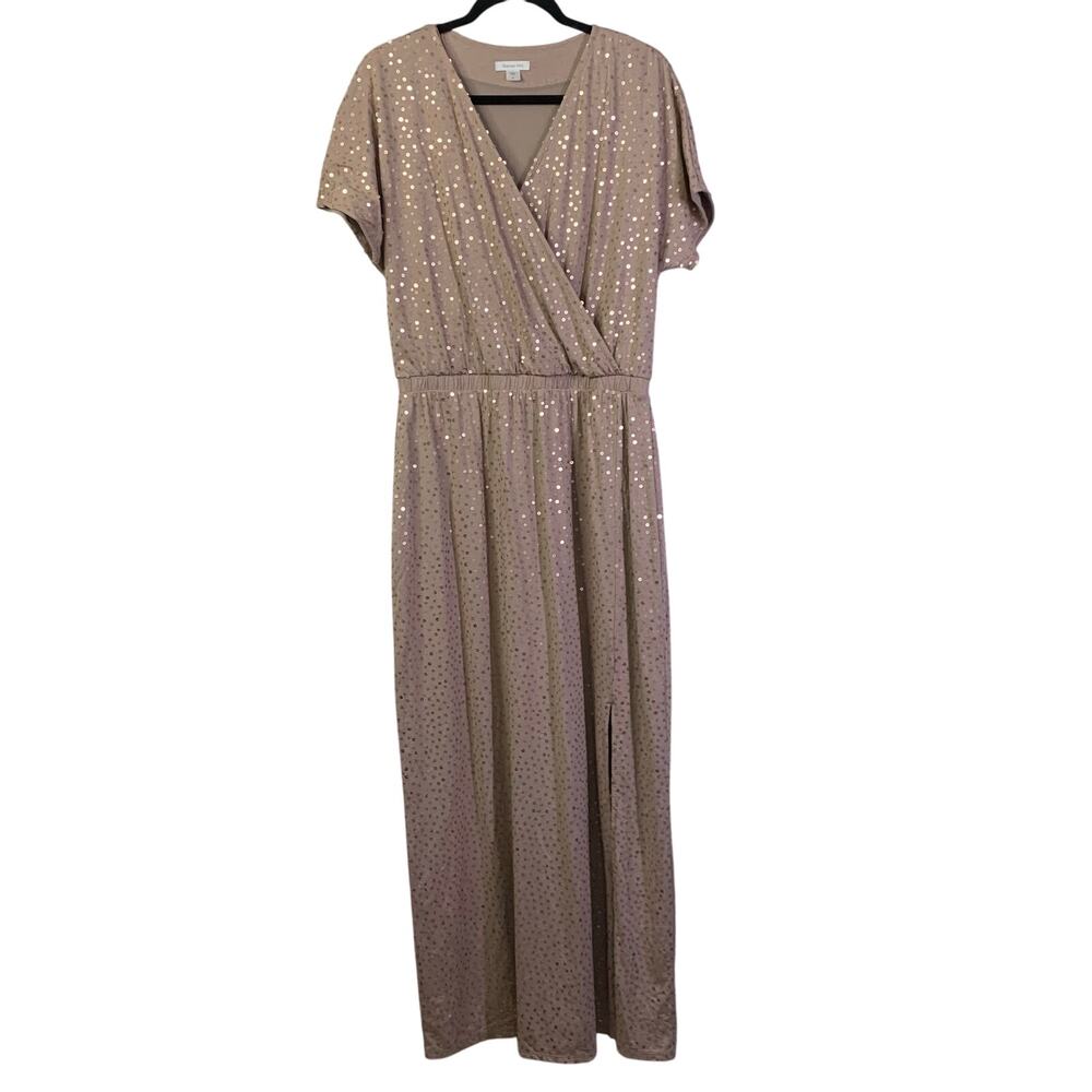 GARNET HILL Dress Medium Knit Maxi Sequin Crossover Bust Elastic Waist Leg Slit